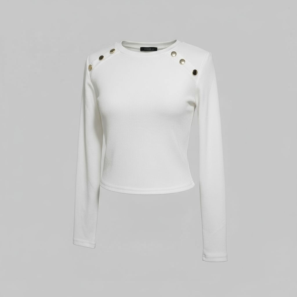 White Ribbed Knit Cropped Top with Silver Button Detail – Size XS New Sinsay